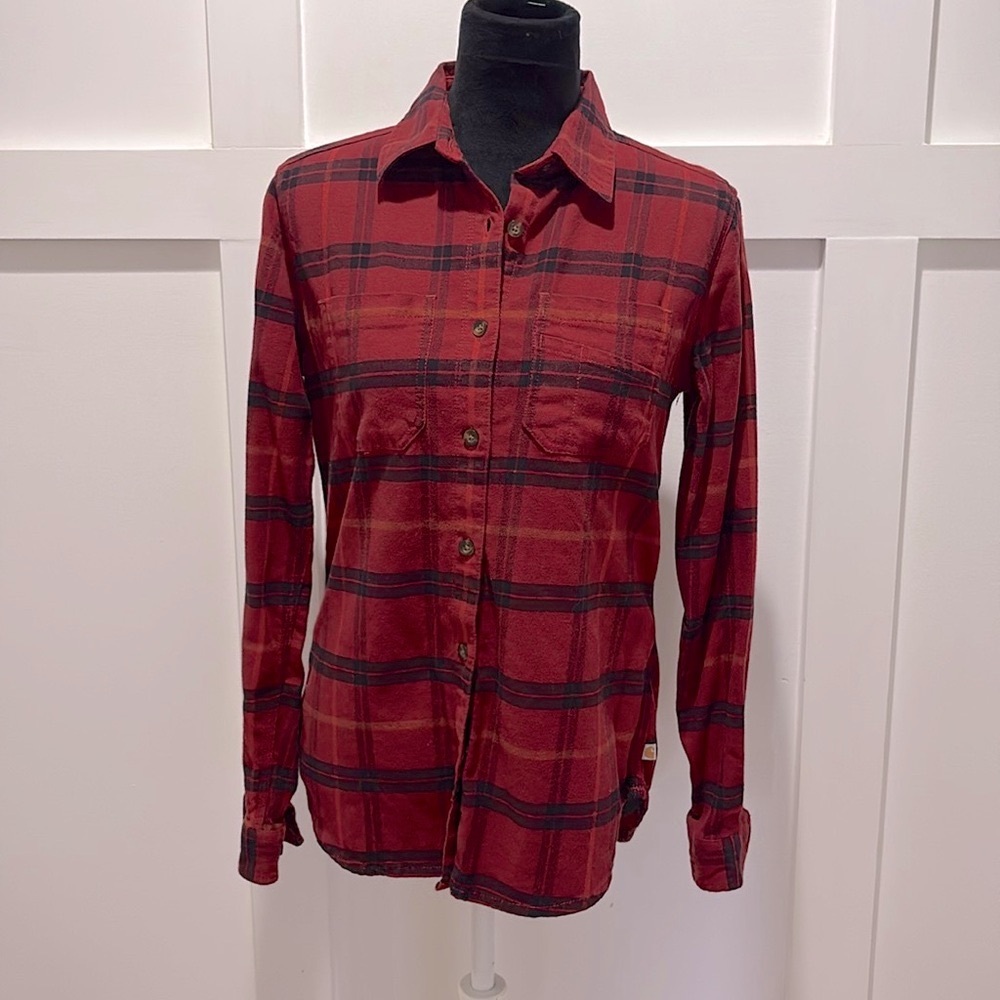 Carhartt Red and Black Striped Button Down Flannel Shirt - Size 4/6